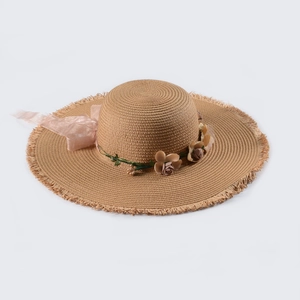 Detail of wide-brim straw hat featuring tassel edges, floral decor, and organza ribbon