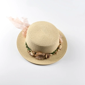 Women Elegant Floral Wreath Flat Top Boater Straw Hat With Long Chiffon Ribbon Bowknot Summer Beach Sunshade Sun Hat Travel Accessory