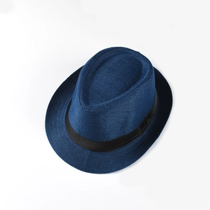 Navy blue linen straw fedora beach sun hat with black grosgrain ribbon for summer travel