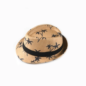 Kids summer panama straw hat with black palm tree pattern and grosgrain ribbon band