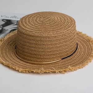 Straw boater hat with a golden metallic band and stylish frayed edges for fashion