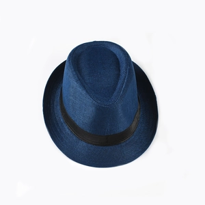 Top view of a navy blue woven linen fedora hat with a classic black grosgrain ribbon band