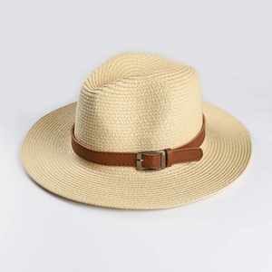 Straw Panama hat in beige with brown faux leather band and silver buckle detail