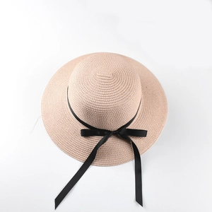Women's foldable straw sun hat with black ribbon bow in beige pink beach style