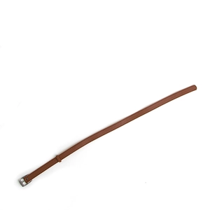 Slim dark brown handmade leather hat belt with silver pin buckle on white background