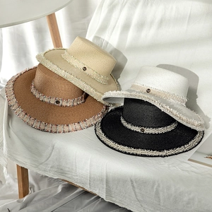 Chapeau Boater Élégant en Paille de Papier pour Femmes Bord Large Protection Solaire Avec Ruban Tweed Dentelle Franges