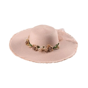 Pink straw sun hat with large brim, floral ribbon and organza bow for beach vacation