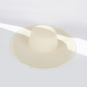 Women's foldable wide brim straw hat with fringe edge for summer beach sun protection