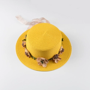 Flat top straw sun hat with floral garland and pink ribbon for women beach travel