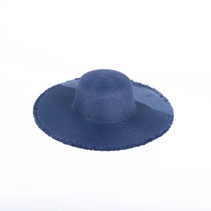 Navy blue wide brim straw hat with frayed edges for summer beach sun protection
