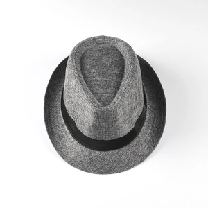 Breathable gray linen fedora hat with black ribbon for summer beach travel and vacation