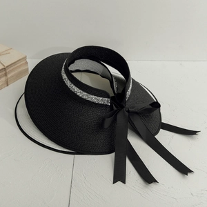 Women's Empty Top Paper Straw Sun Hat With Sequin Band And Ribbon Bow Wide Brim Summer Beach Visor For Travel Outdoor