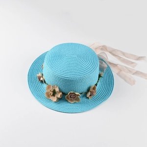 Turquoise flat top straw sun hat with floral band and pink ribbon for women beach travel