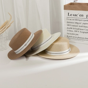 British style breathable straw boater hats for women with metallic M logo and ribbon band