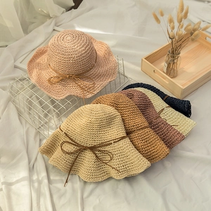 Women's Cute Sweet Paper Straw Sun Hat Wavy Brim Foldable Beach Hat With Bow Ribbon Summer Vacation Holiday Breathable Cap