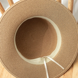 Detailed inner view of brown straw hat featuring adjustable sweatband and woven texture
