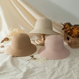 Girls Foldable Paper Straw Sun Hat Summer Beach Round Top Short Brim Bucket Hat Breathable Woven Hat For Kids