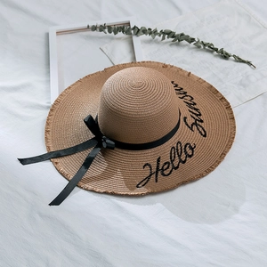 Détail du chapeau de paille avec broderie 'Hello Sunshine' et ruban noir élégant