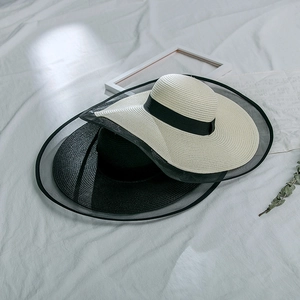 Summer wide-brim foldable sun hat for women with elegant mesh organza and ribbon detail