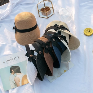 Chapeau de Paille d'Été pour Femmes Protection Solaire Nœud Papillon Bouton Bois Respirant Tissé Plage Casquette de Mode