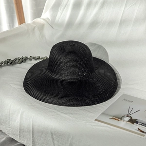 Summer foldable black straw sun hat with wide brim for women beach vacation travel gear
