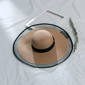 Detailed view of wide brim straw hat with elegant black mesh layer and ribbon