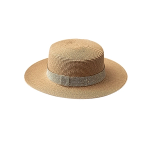 Flat top straw boater hat for women with sparkling rhinestone band for sun protection