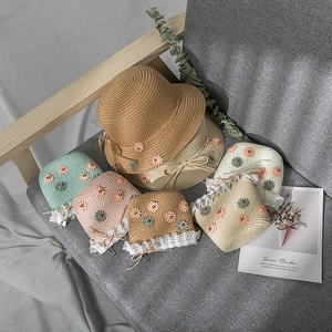 Handwoven straw hat and matching daisy bag set for girls in multiple pastel colors