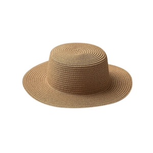 Classic flat top straw boater hat with fine spiral weave and wide brim for sun protection