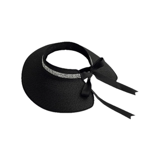 Women's black straw open top sun hat with silver glitter ribbon and chic back bow