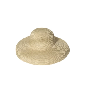 Women's foldable wide-brim straw sun hat for summer beach travel in natural beige fiber