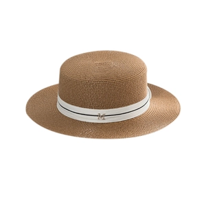 Elegant flat top straw hat in brown with M metal charm and white grosgrain ribbon decor