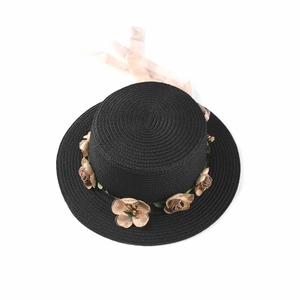 Black flat top boater straw hat with coffee floral trim and pink ribbon ties for women