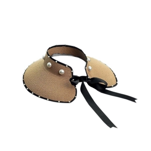 Women's straw sun visor with pearl accents and a black satin bow for summer beach travel