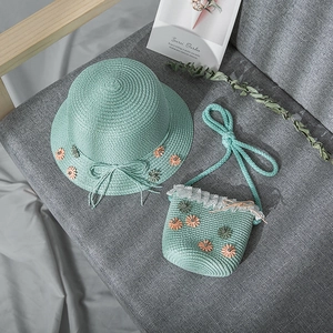 Mint green straw hat and handbag set for girls with daisy flowers and lace detail