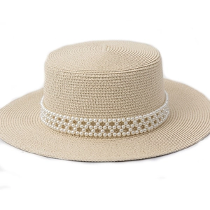 Elegant beige straw boater hat with a triple-row pearl decorative band for women