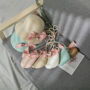 Kids Straw Hat Summer Sun Protection Wide Brim Breathable Ribbon Bow Artificial Pearl Decor Princess Style For Girls Outdoor Beach