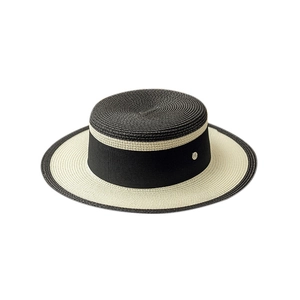 Flat top boater straw hat with black contrast brim and elegant woven ribbon detail