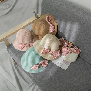 Girls summer straw hat and matching bag set with cute pink bow and pearl accent