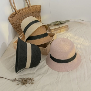 Women Japanese Style Paper Straw Bucket Hat Sun Protection Breathable Contrast Ribbon Woven Beach Shade Sun Hat For Ladies