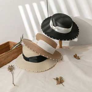 Damen Strohhut Boater Papier Breiter Krempe Sonnenschutz Faltbar Künstliche Perlenbesatz Bandschleife Elegant Sommer Strand Reisen