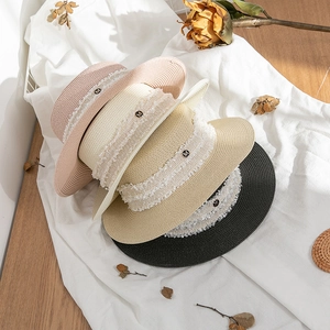 French Vintage Flat Top Paper Straw Boater Hat For Women Summer Beach Sun Protection Wide Brim Letter M Ribbon Sun Hat