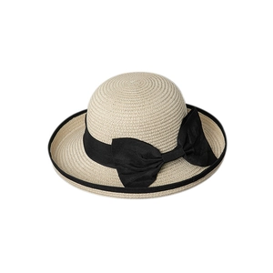 Elegante cappello da sole in paglia beige con bordo nero e grande fiocco