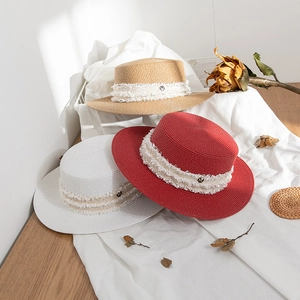 French style boater straw hats with M logo and lace ribbon in three elegant colors