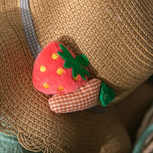 Gros plan détaillé sur la texture en paille tressée avec fraise en peluche et tissu à carreaux