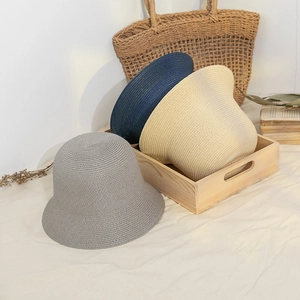 Japanese minimalist woven straw bucket hat for women in three colors for sun protection