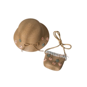 Kids straw sun hat and matching lace daisy bag set in light brown woven straw