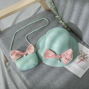 Girls mint green straw hat and crossbody bag set with orange plaid bow and pearl detail