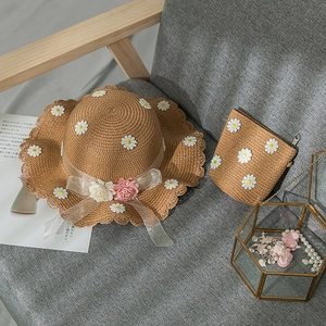 Kids woven straw sun hat and matching daisy flower bag set for summer beach outings
