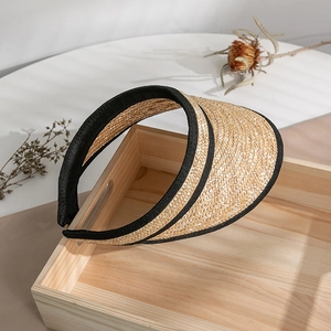 Handwoven straw sun visor with black trim, open-top design for women’s outdoor activities